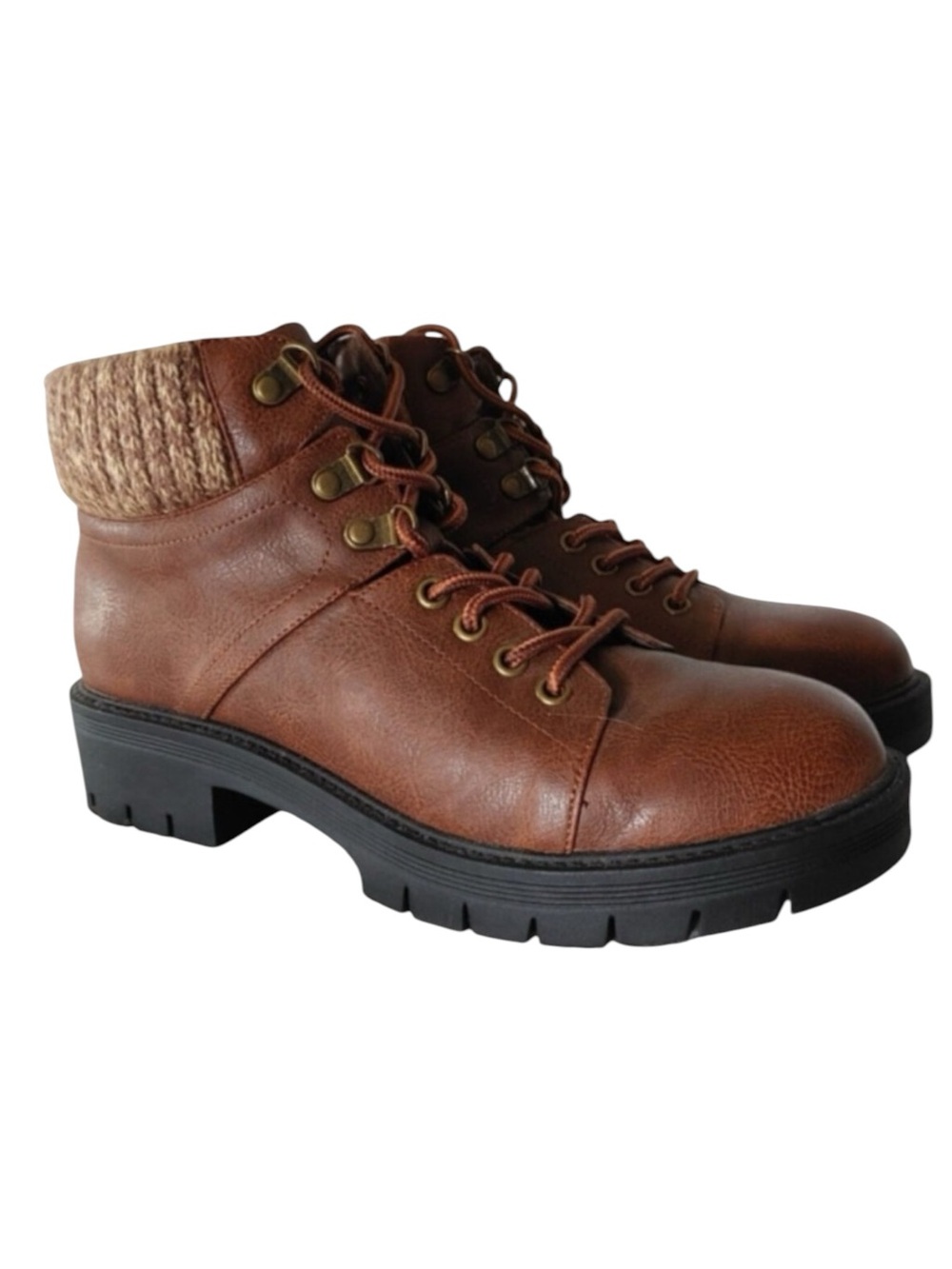 NWT MIA Marsha Lug Hiker Boots 6.5 Cognac Sweater Collar Lace Up Combat Boot